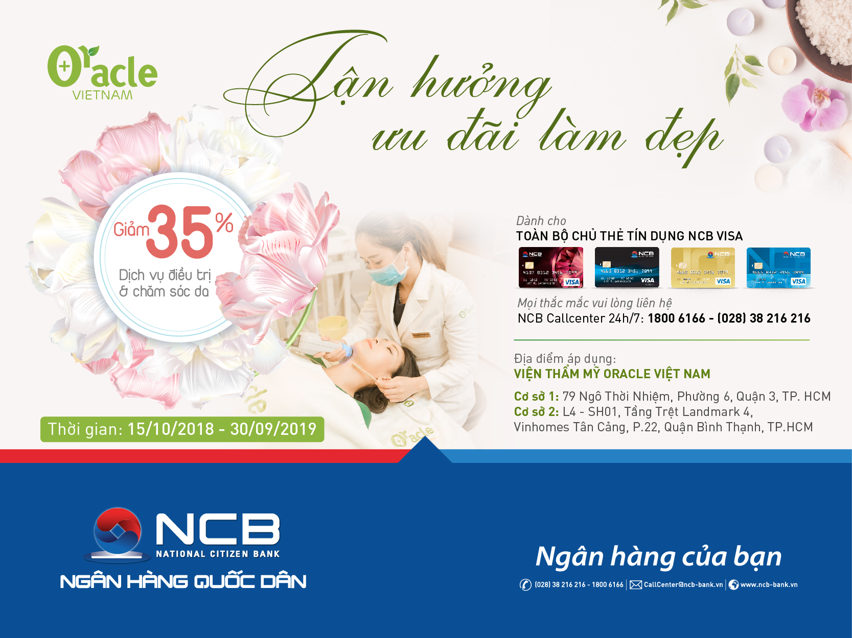 Chăm sóc sắc đẹp tại Oracle Việt Nam với ưu đãi 35% cho chủ thẻ NCB Visa