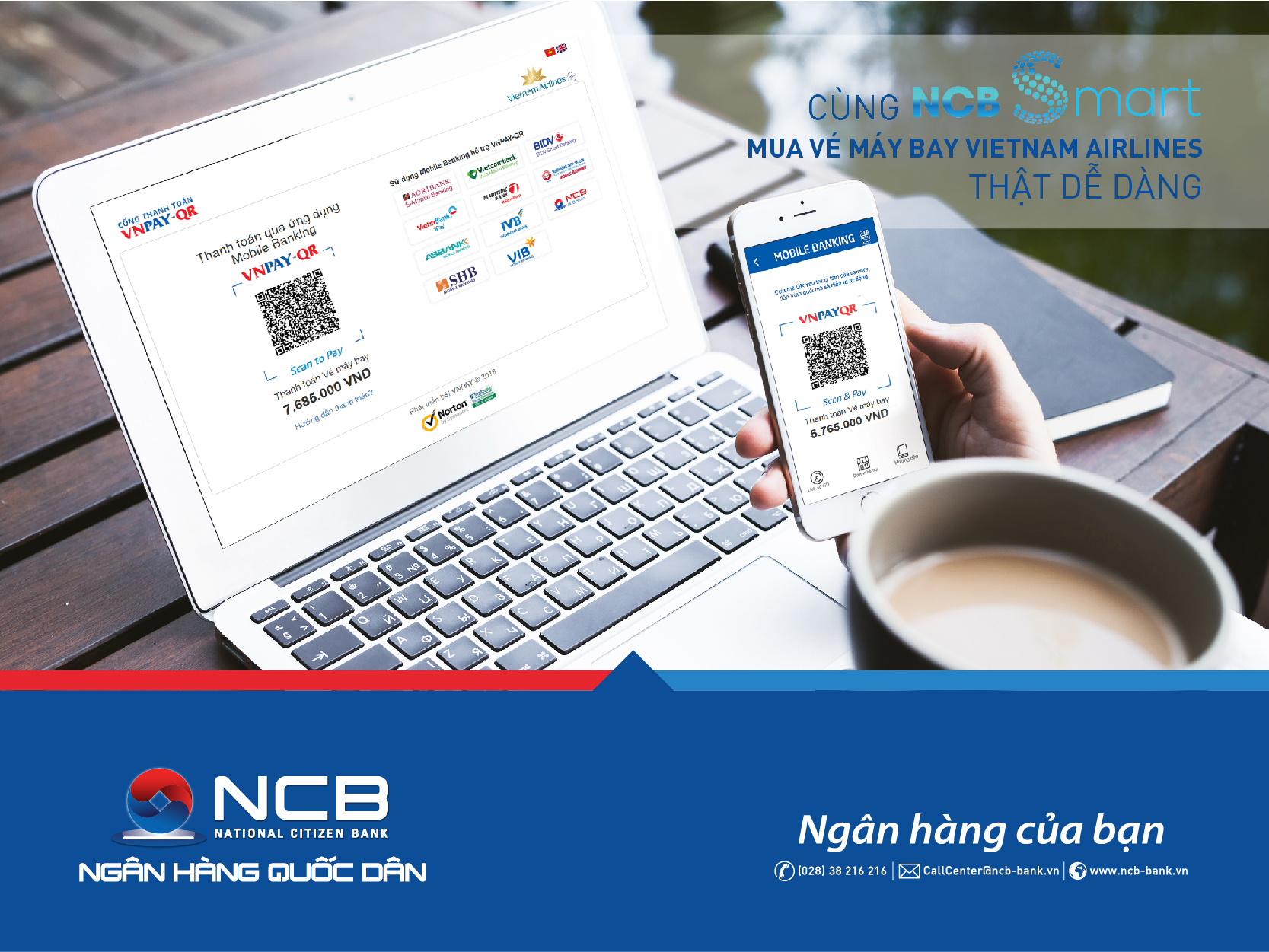 Tiện lợi thanh toán vé máy bay Vietnam Airlines với QR Pay trên NCB Smart