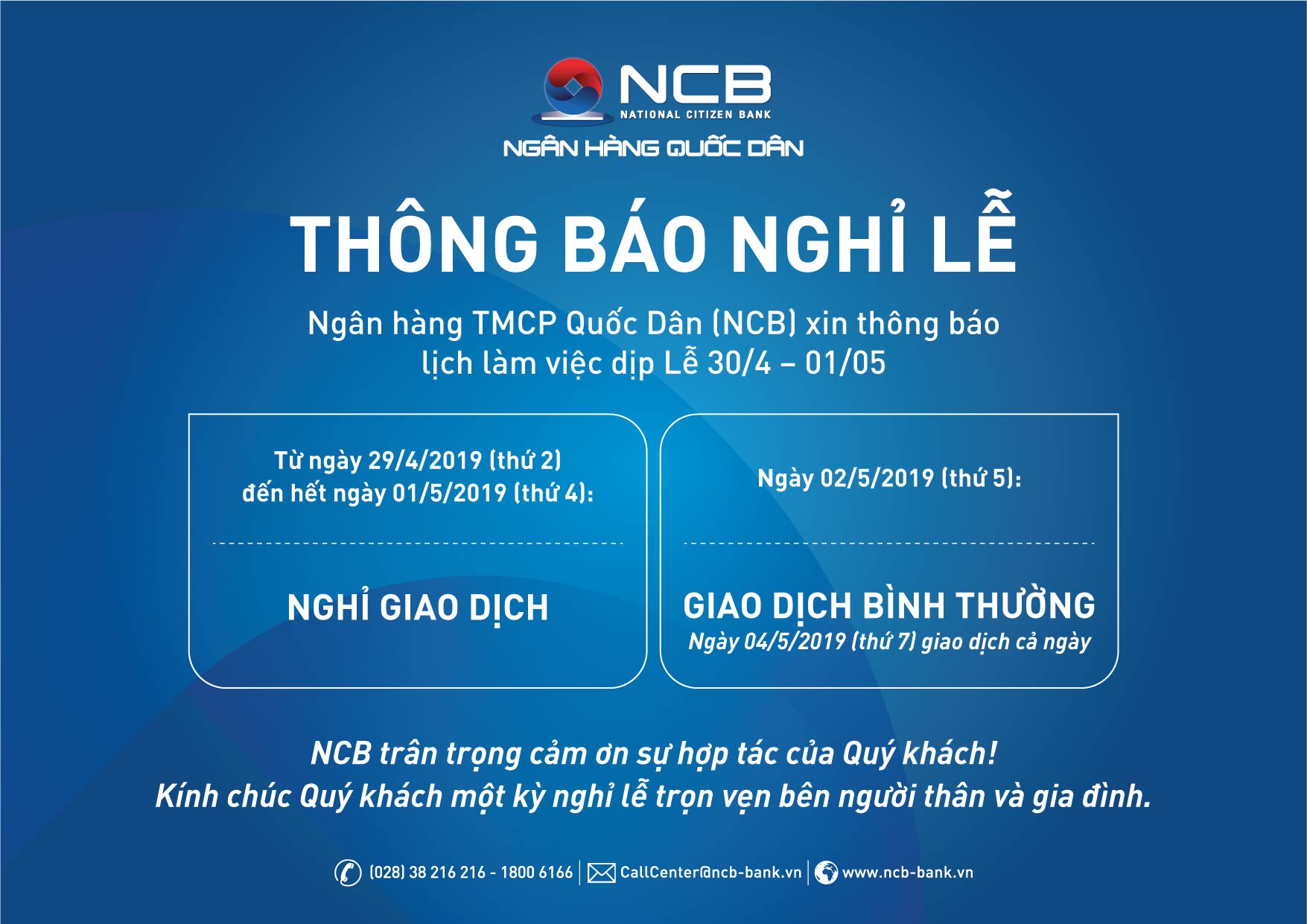 THÔNG BÁO LỊCH LÀM VIỆC KÌ NGHỈ LỄ 30/4 - 1/5