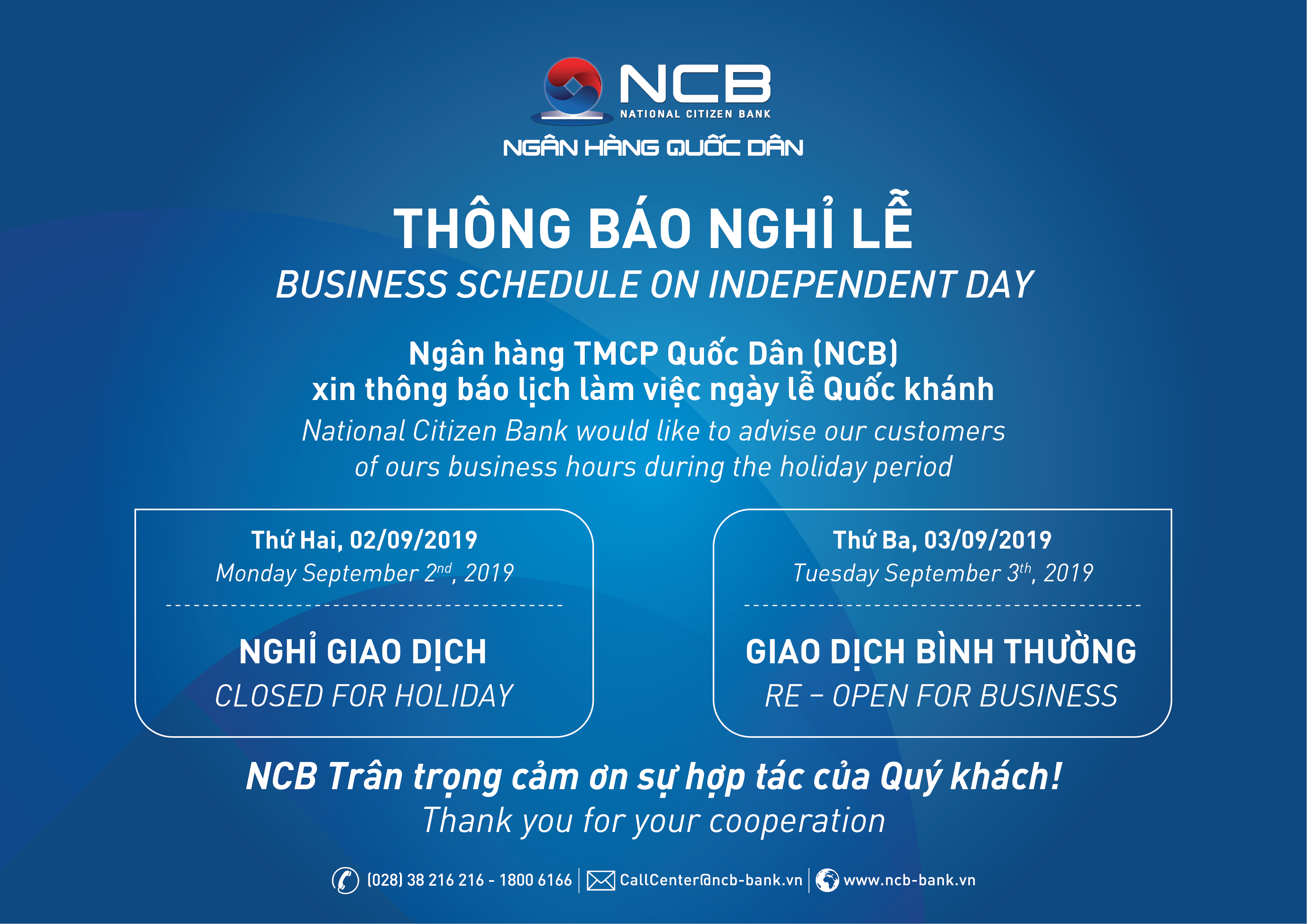 THÔNG BÁO LỊCH NGHỈ LỄ QUỐC KHÁNH 02-09-2019