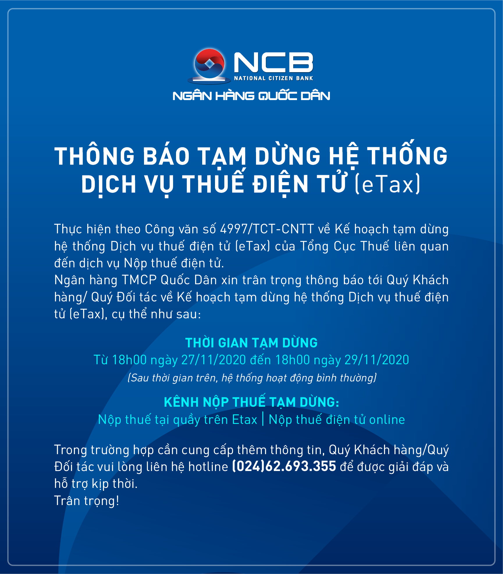 THÔNG BÁO TẠM DỪNG HỆ THỐNG DỊCH VỤ THUẾ ĐIỆN TỬ