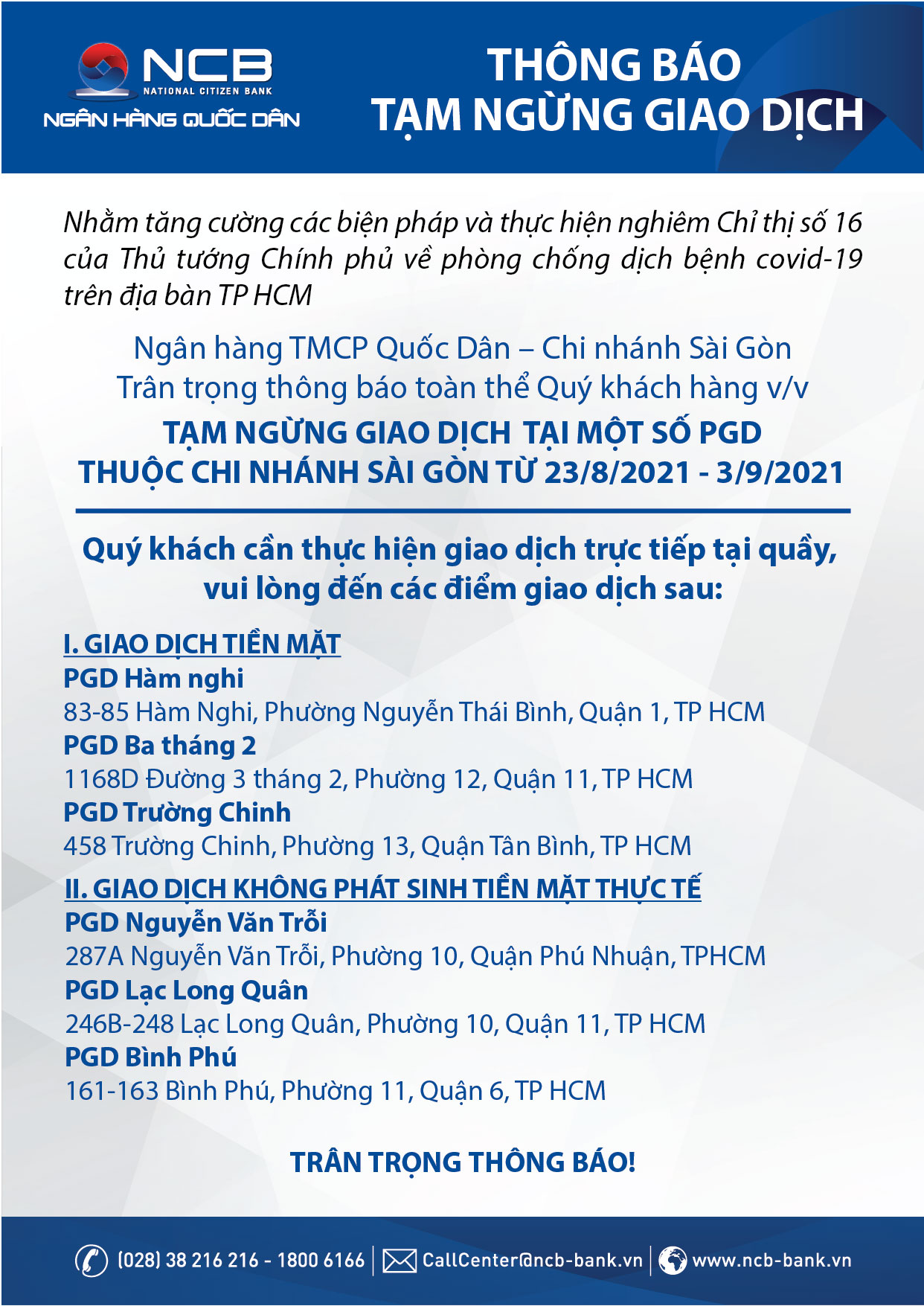 THÔNG BÁO TẠM NGƯNG GIAO DỊCH - CHI NHÁNH SÀI GÒN