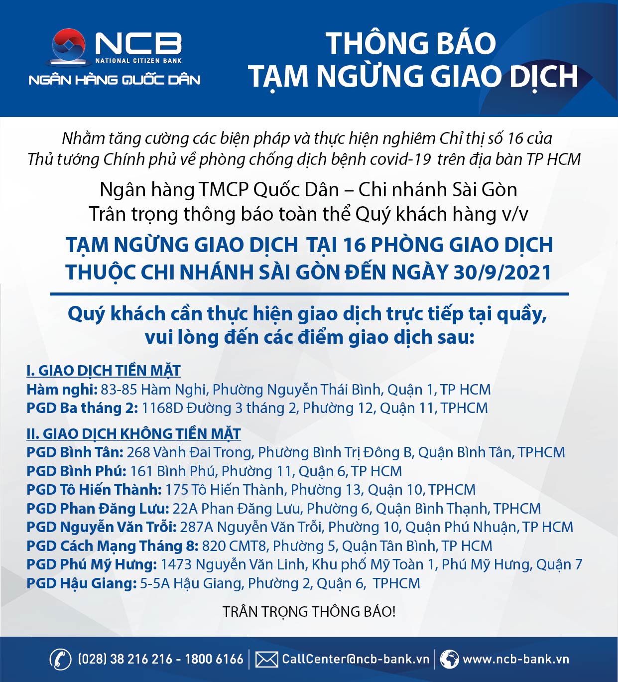 CHI NHÁNH SÀI GÒN THÔNG BÁO TẠM NGỪNG GIAO DỊCH