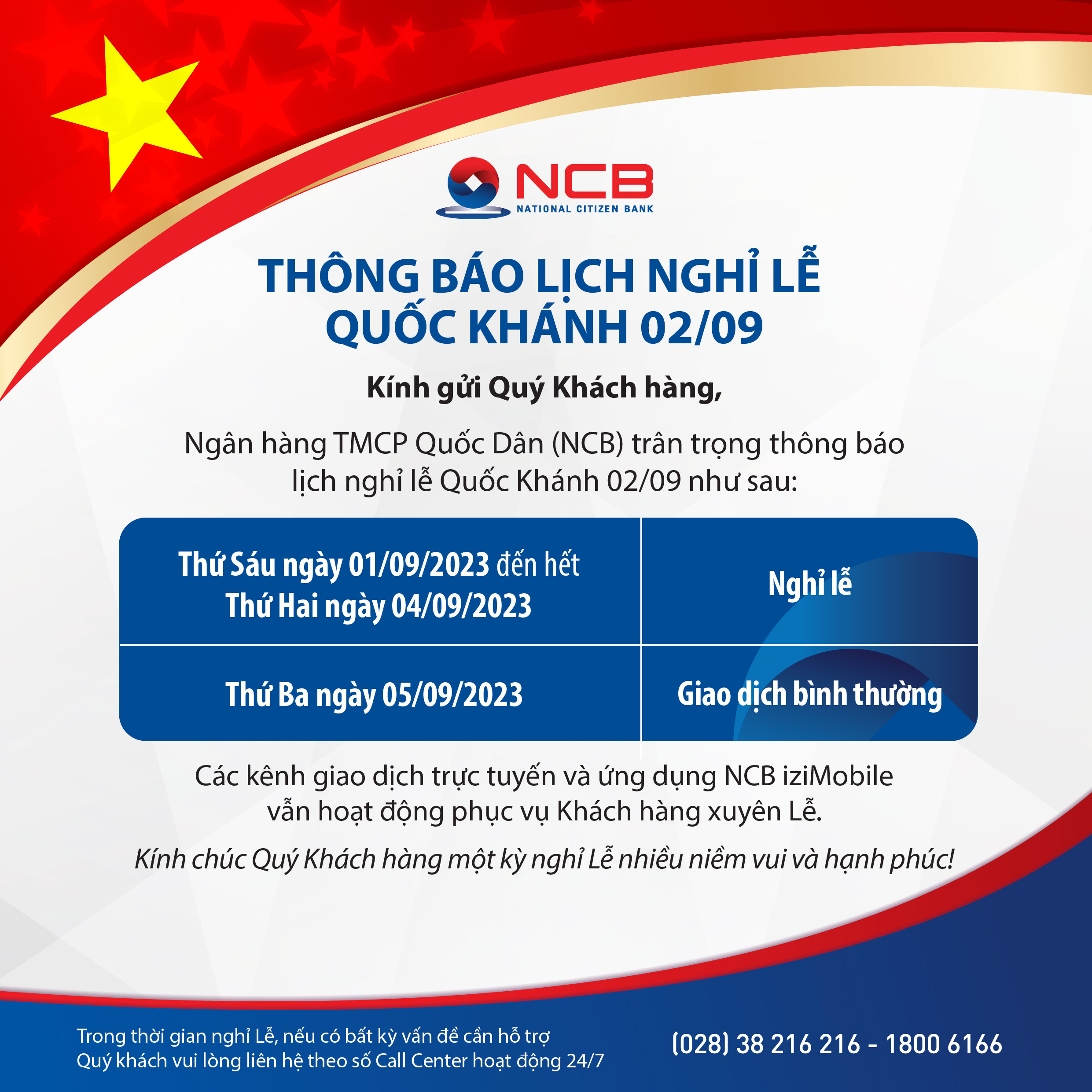 THÔNG BÁO LỊCH NGHỈ LỄ QUỐC KHÁNH 02/09