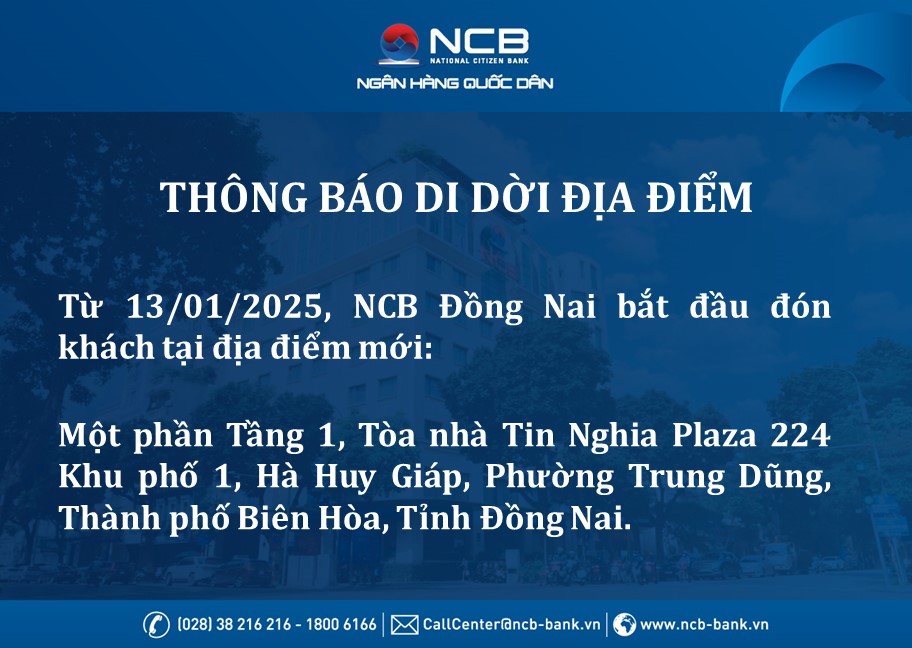 NCB Đồng Nai thay đổi địa điểm giao dịch