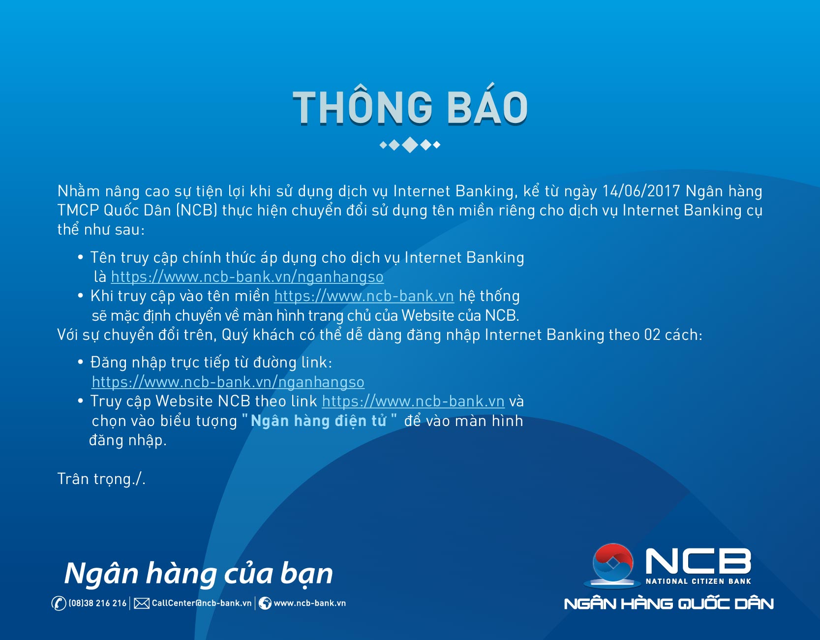 THÔNG BÁO THAY ĐỔI TÊN MIỀN DỊCH VỤ INTERNET BANKING