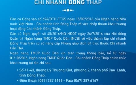 THÔNG BÁO KHAI TRƯƠNG CHI NHÁNH ĐỒNG THÁP