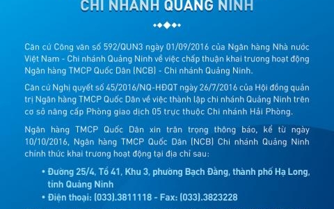 THÔNG BÁO KHAI TRƯƠNG CHI NHÁNH QUẢNG NINH