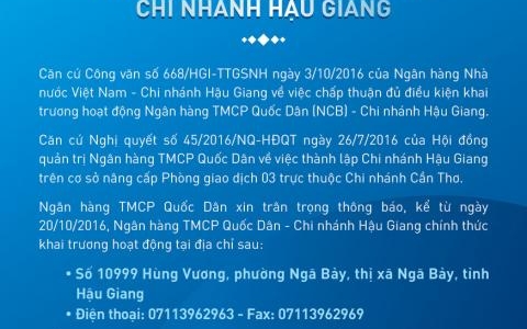 THÔNG BÁO KHAI TRƯƠNG CHI NHÁNH HẬU GIANG