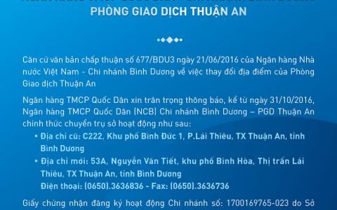 THÔNG BÁO ĐỔI TÊN VÀ CHUYỂN ĐỊA ĐIỂM PHÒNG GIAO DỊCH THUẬN AN