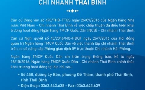 THÔNG BÁO KHAI TRƯƠNG CHI NHÁNH THÁI BÌNH