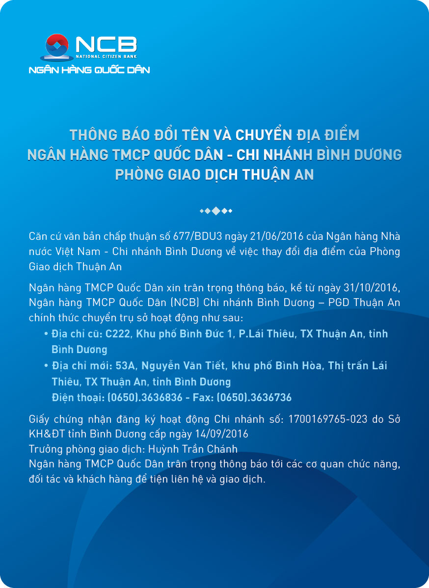 NCB – Ngân Hàng Quốc Dân - NOTICE OF RENAMING AND CHANGING THE ADDRESS OF  THUAN AN TRANSACTION OFFICE