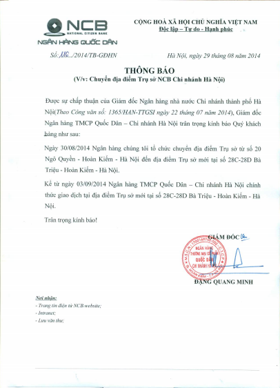 Chi nhánh Hà Nội - Ngân hàng TMCP Quốc Dân chính thức dời về địa chỉ 28C-28D Bà Triệu - Hoàn Kiếm -Hà Nội