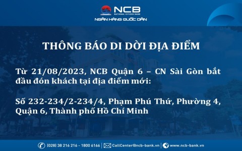 NCB HẬU GIANG - CN SÀI GÒN THAY ĐỔI TÊN GỌI VÀ ĐỊA ĐIỂM GIAO DỊCH