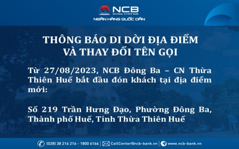 NCB ĐÔNG BA - CN THỪA THIÊN HUẾ THAY ĐỔI TÊN GỌI VÀ ĐỊA ĐIỂM GIAO DỊCH