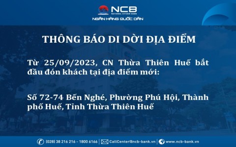 CHI NHÁNH THỪA THIÊN HUẾ THAY ĐỔI ĐỊA ĐIỂM GIAO DỊCH