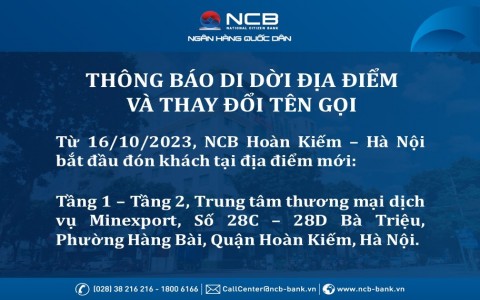 NCB KHÂM THIÊN - CN HÀ NỘI THAY ĐỔI TÊN GỌI VÀ ĐỊA ĐIỂM GIAO DỊCH