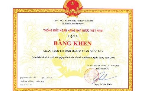 NGÂN HÀNG QUỐC DÂN NHẬN BẰNG KHEN CỦA NGÂN HÀNG NHÀ NƯỚC