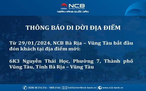 NCB BÀ RỊA - VŨNG TÀU THAY ĐỔI ĐỊA ĐIỂM GIAO DỊCH