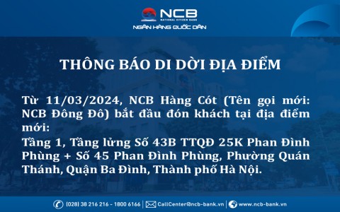 NCB HÀNG CÓT - CHI NHÁNH HÀ NỘI THAY ĐỔI TÊN GỌI VÀ ĐỊA ĐIỂM GIAO DỊCH