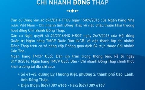 THÔNG BÁO KHAI TRƯƠNG CHI NHÁNH ĐỒNG THÁP