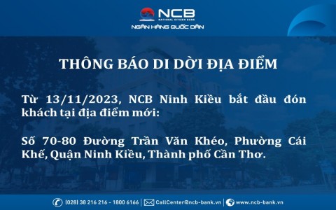 NCB NINH KIỀU THAY ĐỔI ĐỊA ĐIỂM GIAO DỊCH