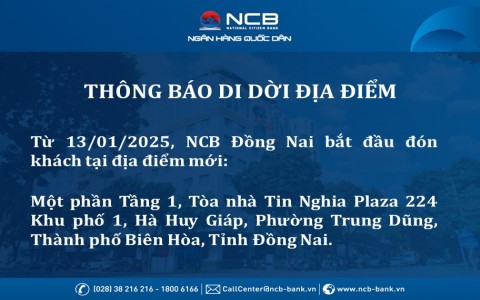 NCB Đồng Nai thay đổi địa điểm giao dịch